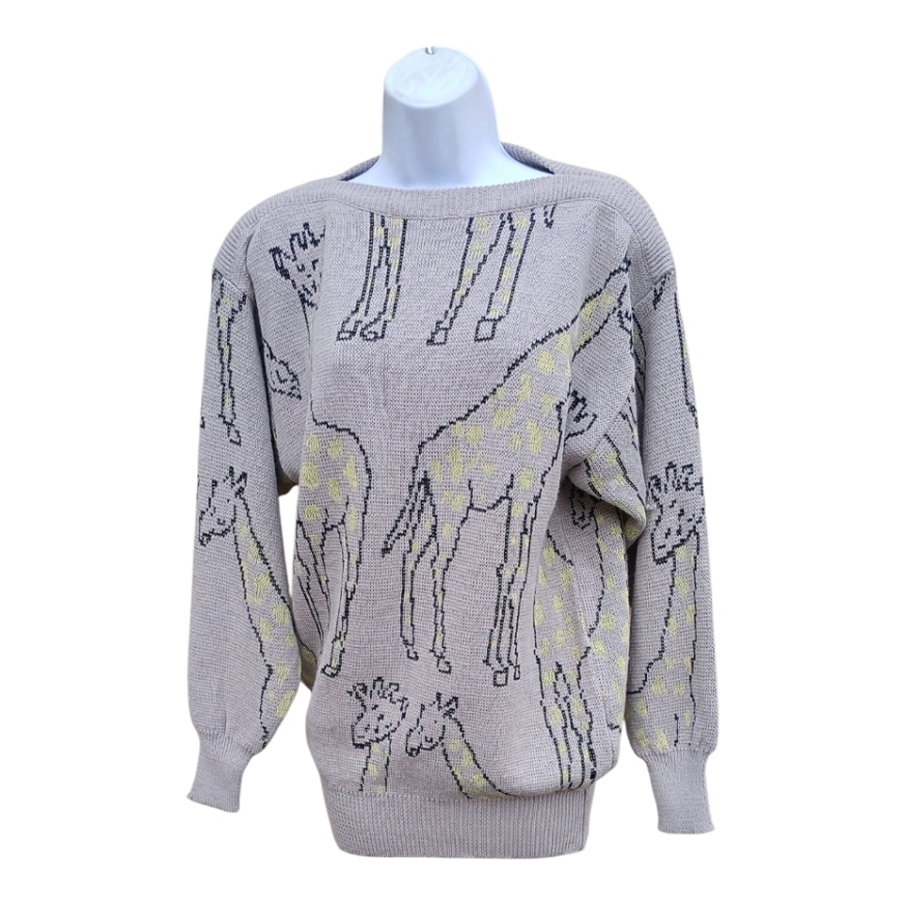 Vintage 80s 90s Giraffe Knit Sweater Gray & Yellow Eclectic Grandpa Aesthetic M